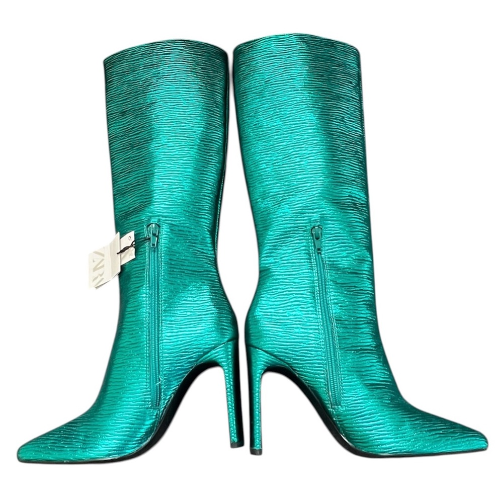 Zara Metallic teal Green Textured Knee High Boots 6.5 NWT - Picture 5 of 9